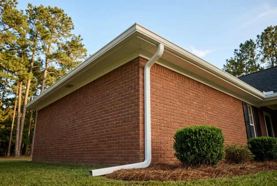 After: the same corner with a clean new gutter and a downspout running out into the pine straw