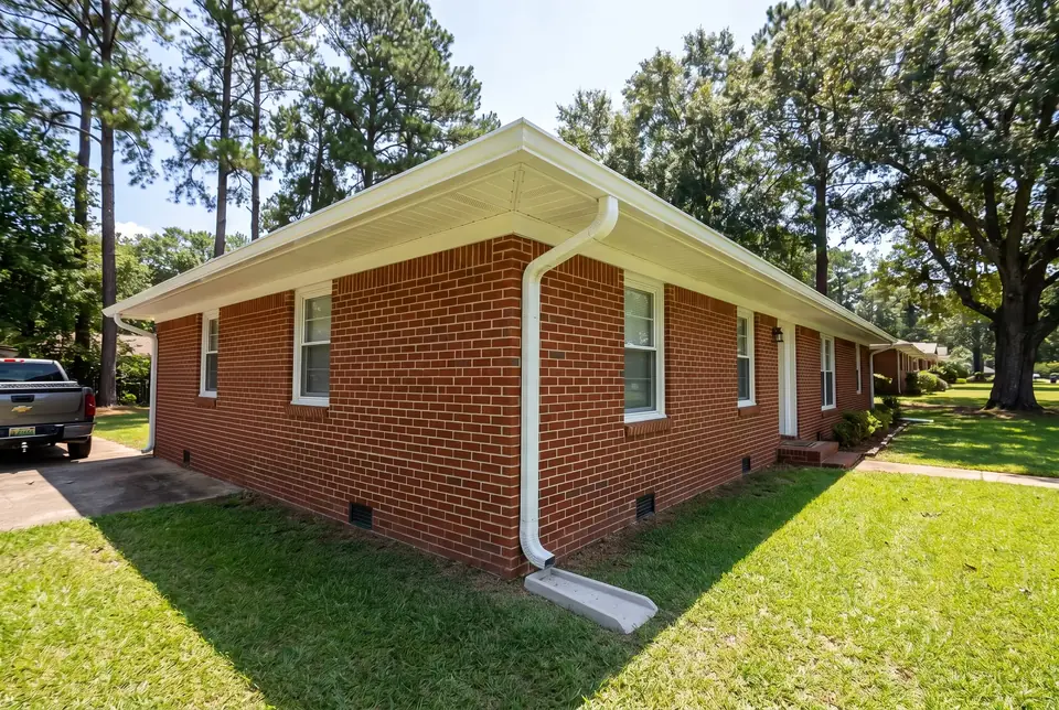 Corner of a brick ranch with a white seamless gutter and a downspout emptying onto a splash block, away from the foundation