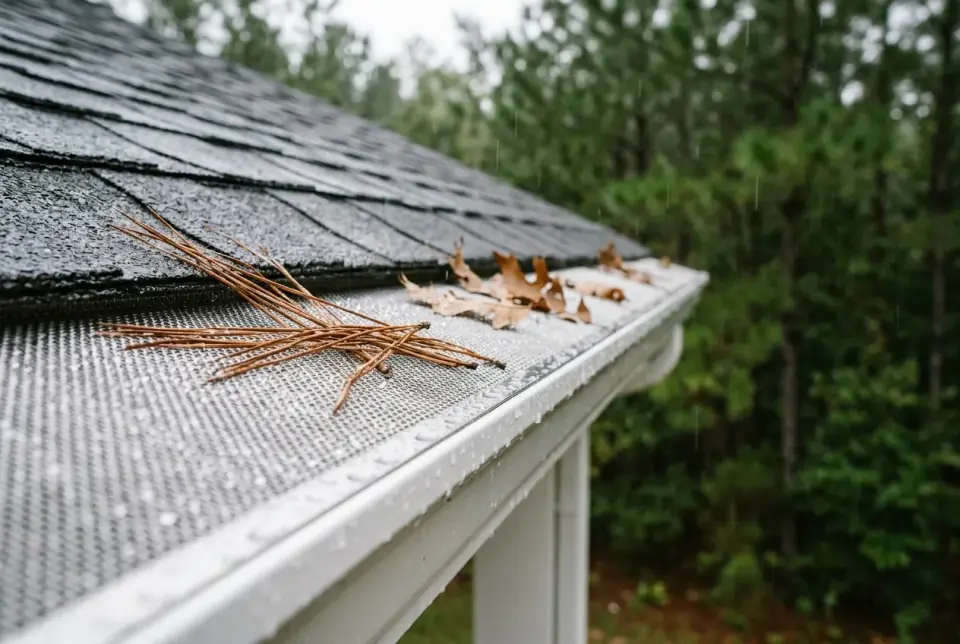 Close-up of a micro-mesh gutter guard with pine needles and oak leaves resting on top in the rain