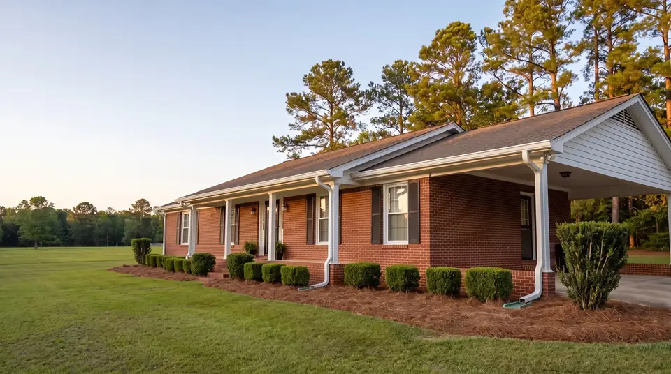 Red brick ranch home with a carport at golden hour, new white seamless gutters and downspouts running down to pine straw beds