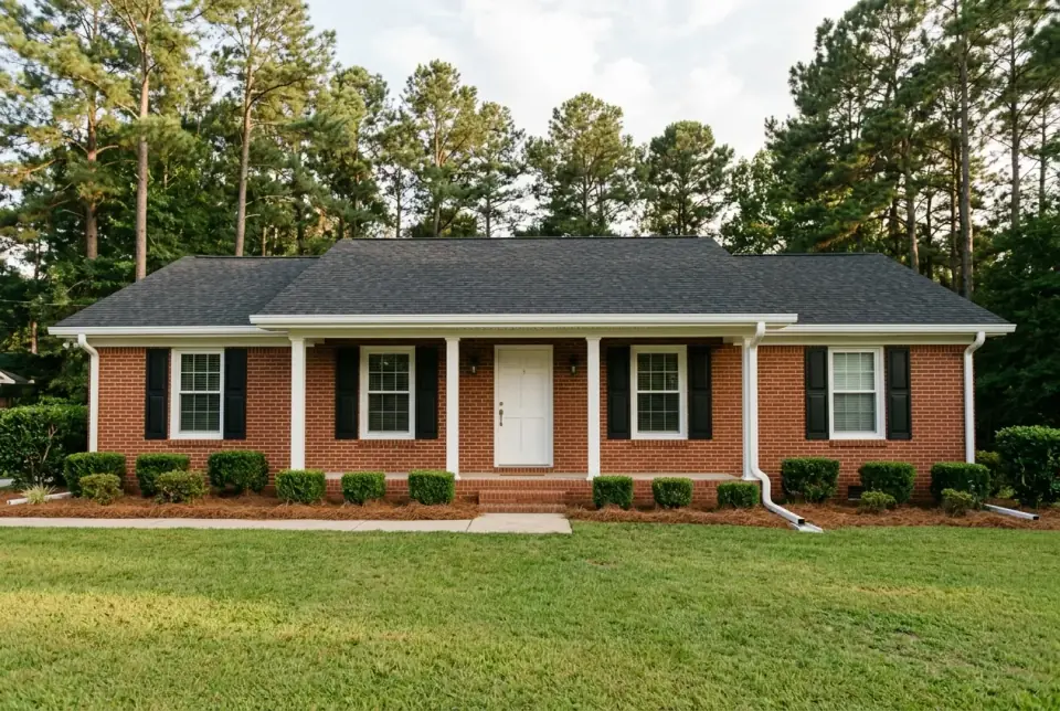 After: the same brick ranch with clean new seamless gutters and downspouts extended over the beds