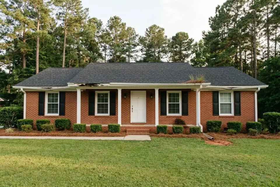 Before: brick ranch front with a broken gutter section over the porch and plants growing out of the gutter