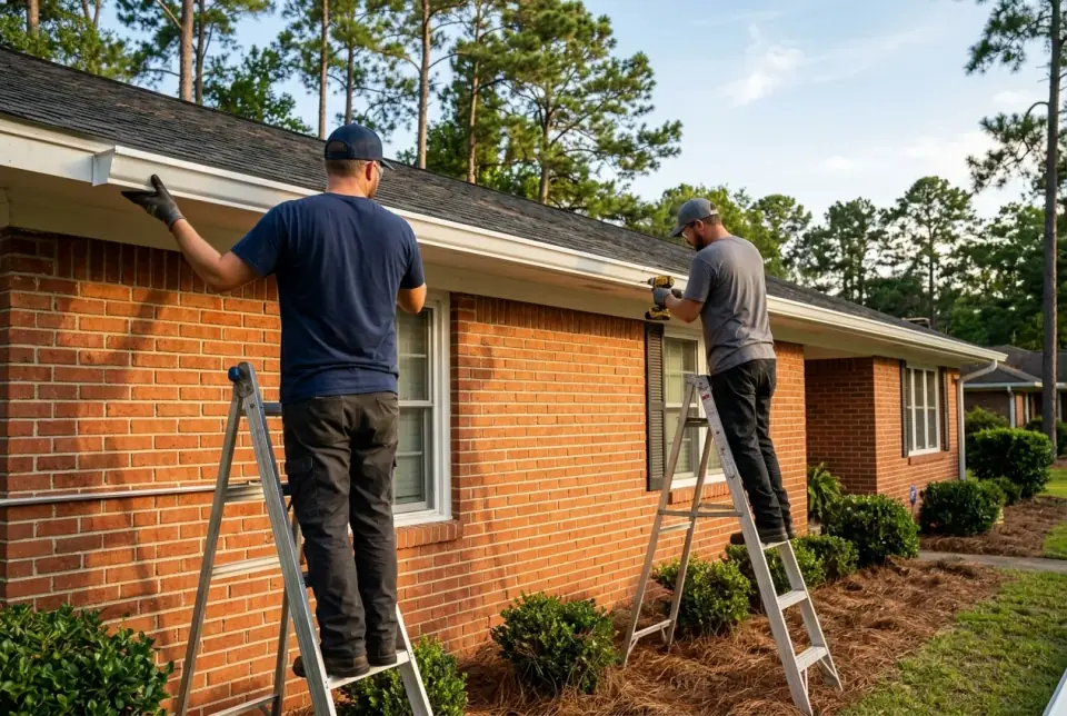 Two installers on ladders hanging a long seamless gutter along the fascia of a brick ranch