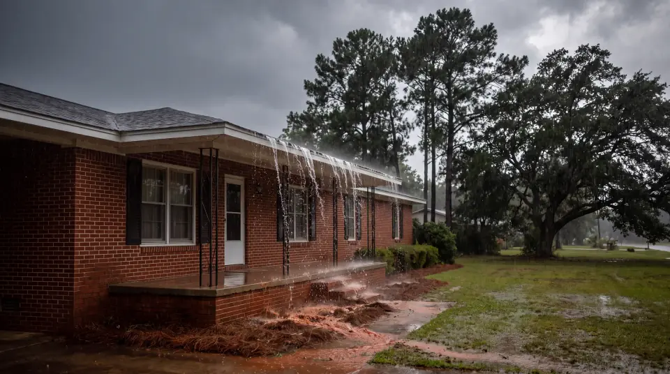 Heavy storm over a brick ranch with no gutters, water sheeting off the roof onto the porch steps and washing red clay and pine straw across the yard