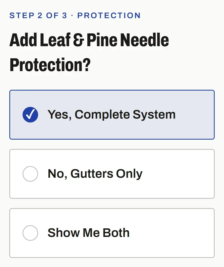 Estimator screen, step 2 of 3: add leaf and pine needle protection, with Yes, No and Show Me Both options